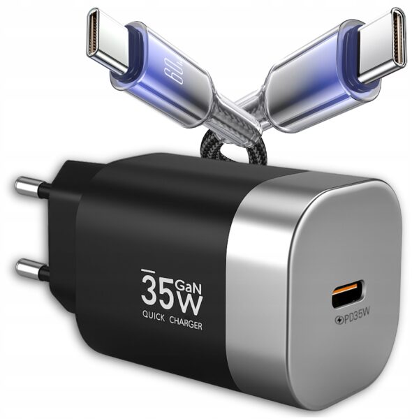 SZYBKA ŁADOWARKA DO TELEFONU SIECIOWA GaN 35W USB TYPE-C + KABEL USB-C 60W